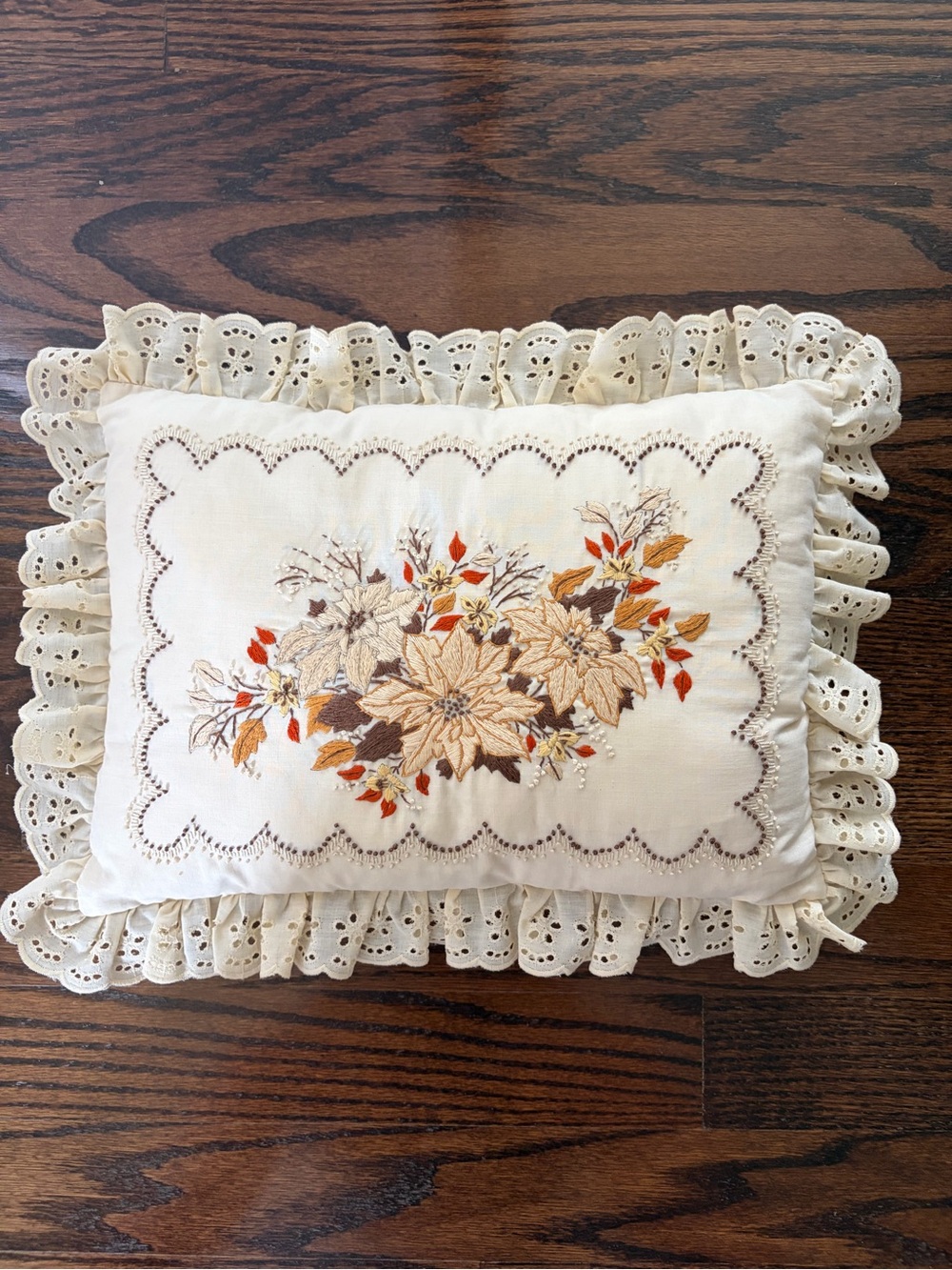 Vintage 1970s Embroidered Floral Ruffle Pillow Cottagecore, Grandmacore
